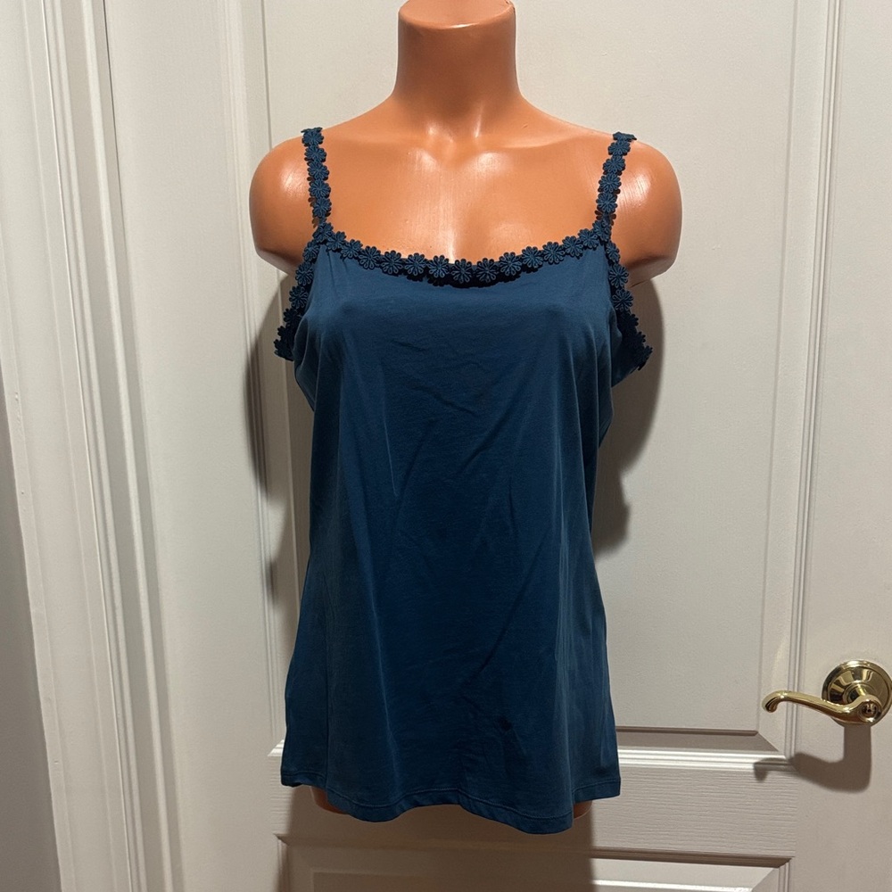 LOFT Teal Floral Daisy Lace Trim Cami Adjustable Strap XL Extra Large EUC $40 KL